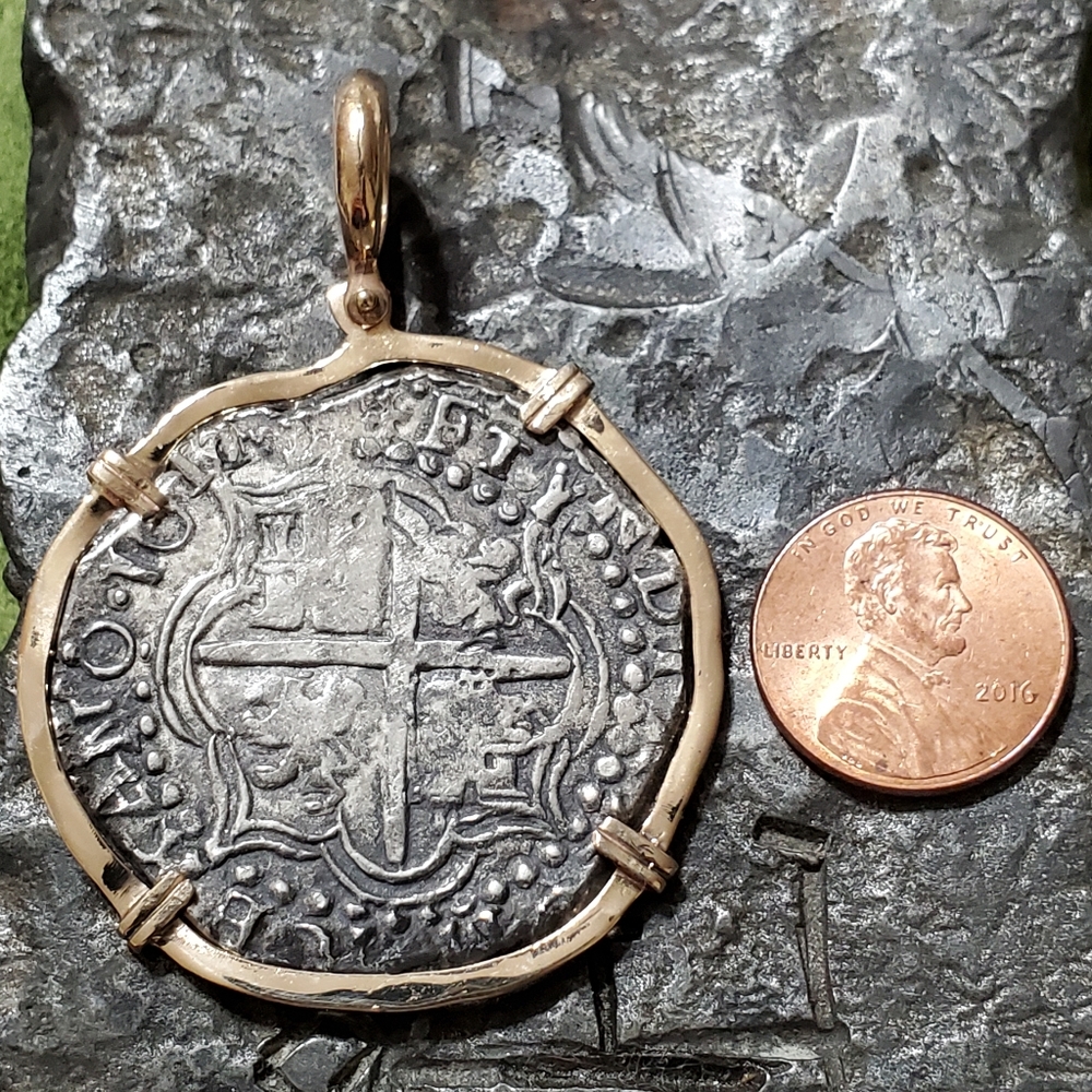 Big atocha silver coin with real 14kt gold bezel